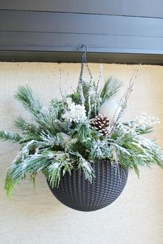 a hanging planter filled with pine cones and greenery next to a white wall