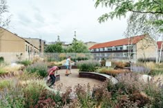 two people standing in the middle of a garden