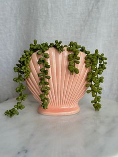 a pink vase with green plants growing out of it