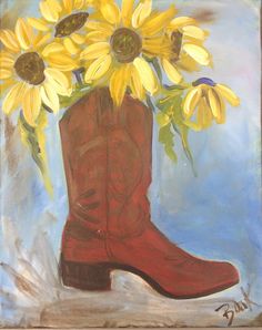 a painting of a cowboy boot with sunflowers in it