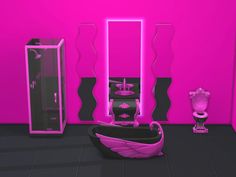 a bathroom with pink walls and black furniture