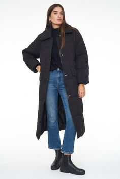 Shayne Long Puffer Coat - Noir – Pistola Denim Long Black Puffer Coat, Long Quilted Coat, Leather Puffer Jacket, Long Puffer Jacket, Black Puffer Coat, Long Puffer Coat, Long Puffer, Black Puffer, Pullover Jacket