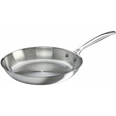 a stainless steel frying pan on a white background