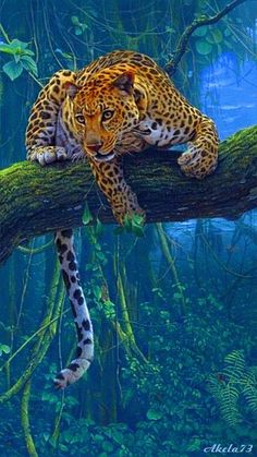 a painting of a leopard resting on a tree branch in the jungle with green foliage