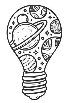 a black and white drawing of a light bulb with planets inside