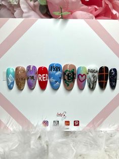 Taylor Swift Eras Tour Nails! Taylor Swift Nail Ideas Eras, Eras Tour Nails Ttpd, Taylor Swift Era Nails, Taylor Swift Nail Ideas Eras Tour, Ttpd Nails Taylor Swift, Taylor Swift Themed Nails