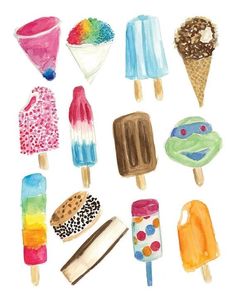 an image of ice creams and popsicles on a stick set in watercolor