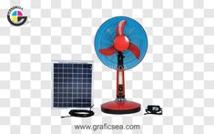 a red and blue fan sitting on top of a table next to a solar panel