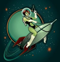 a woman is riding on top of a rocket