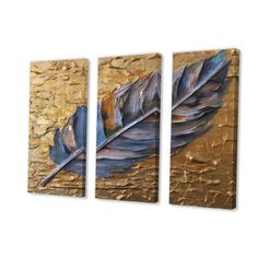 three pieces of metal art with a blue feather on the left and gold foil on the right