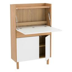 a white desk with a wooden cabinet on top