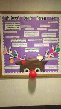 a bulletin board with reindeer's nose on it