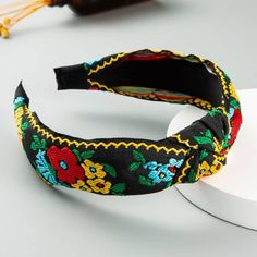 Black Fabric Multi-Color Flower Embroidery Knot On Top Of Band Embroidery Knot, Fabric Flower Headbands, Cloth Embroidery, Colorful Headbands, Thick Headbands, Simple Headbands, Headband Wrap, Headband Black, Feather Hair Clips