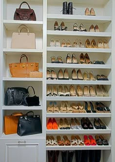 an organized closet with shoes, handbags and purses