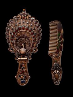 two decorative hair combs are shown against a black background, one has a peacock on it's head