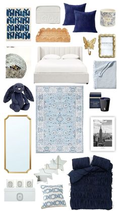 a collage of blue and white items including a bed, mirror, rugs, pillows