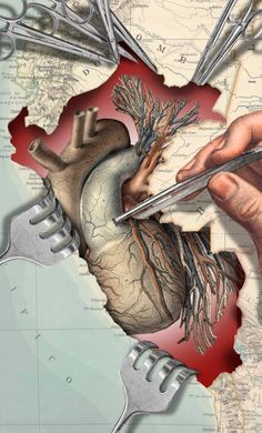 a drawing of a human heart being cut open with scissors and pliers in front of it