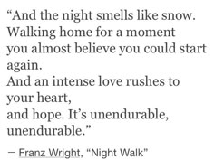 a poem that reads, and the night smells like snow walking home for a moment you almost