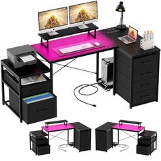 a computer desk with two monitors and drawers