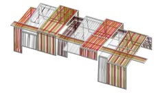 an architectural drawing of a house with multiple windows and striped curtains on the outside wall