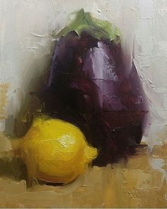 a painting of an eggplant and a lemon sitting on a table next to each other