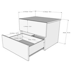 an image of a drawer with measurements for the top and bottom drawers on it's sides