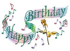 a happy birthday card with music notes and a rose