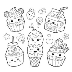 coloring pages for kids with different types of ice cream and cupcakes on them