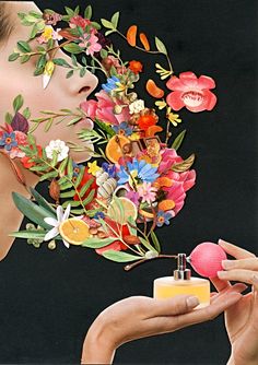 a woman with flowers on her face holding an object