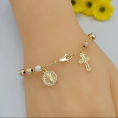 Tri Tone Gold Plated Virgen Guadalupe Jesus Crucifix Rosary Bracelet Rosario Pandora Travel Charms, Fossil Bracelet, Blossom Bracelet, Blue Topaz Bracelet, Gold Link Bracelet, Mexican Jewelry, Rosary Bracelet, Enamel Bangle, Jewelry Accessories Ideas