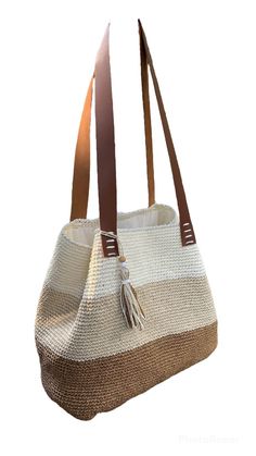 Tote BAG Crochet paper Yarn Beach Bag Leather Accessories - Etsy Cream Crochet Bag With Adjustable Strap For Vacation, Cream Woven Crochet Shoulder Bag, Crochet Shoulder Bag For Vacation, Cream Handwoven Shoulder Bag For Travel, Beach Season Cream Crochet Shoulder Bag, Cream Woven Crochet Bag For Beach Season, Rectangular Knitted Shoulder Bag For Beach, Knitted Rectangular Shoulder Bag For Beach, Knitted Tote Beach Bag For Vacation