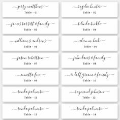 wedding place cards with handwritten calligraphy in black ink on white paper, set of 10