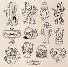 a drawing of cactuses and cacti in various shapes, sizes and colors