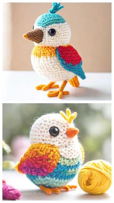 crocheted bird sitting on top of a table next to a ball of yarn