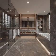 an elegant bathroom with marble walls and flooring, along with a large bathtub