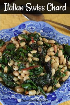 a blue plate topped with beans and greens