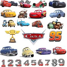 the cars movie characters are all in different colors and sizes, with numbers on each side