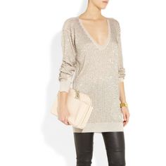 Knitwear Has A Glamorous Appeal This Season, And None More So Than Stella Mccartney's Gold-Beaded Sweater. Woven From A Luxurious Blend Of Wool, Silk And Cashmere It's Sure To Become A Wardrobe Favorite. We Think This Loose-Fit Piece Works Best With Sleek Skinny Pants - Just Add Neutral Accessories To Complement The Cream Hue. Cream Fine-Knit Wool, Silk And Cashmere-Blend - Gold Beaded Front, Ribbed Trims - Slips On - 70% Fleece Wool, 20% Silk, 10% Cashmere - Dry Clean Has Some Beads Missing. Chic V-neck Party Sweater, Glamorous Sweater For Night Out, Neutral Accessories, Beaded Sweater, Cashmere Blend Sweater, Silk Wool, The Cream, Colorful Sweaters, Stella Mccartney