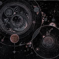 an abstract painting with circles and clocks in black, brown and pink colors on a dark background