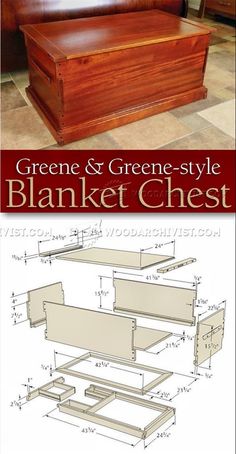 the green and greene style blanket chest is shown with measurements to fit it in place