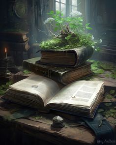 an open book sitting on top of a wooden table next to a candle and some plants