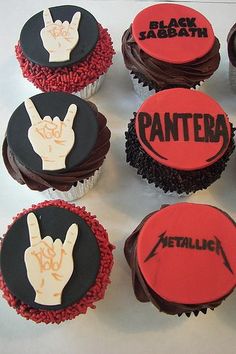 six cupcakes with different designs on them and the words pantera written in red