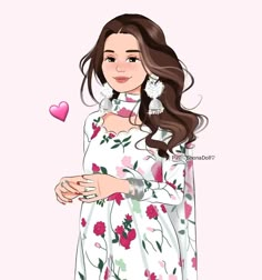 a girl with long brown hair wearing a white dress and pink flowers on her shirt