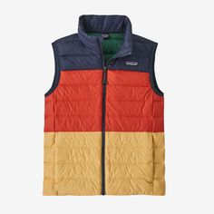 Our Kids' Down Sweater™ Vest has an updated fit that works for just about everyone. It has a NetPlus® 100% postconsumer recycled nylon ripstop shell made from recycled fishing nets to help reduce ocean plastic pollution; is insulated with warm, compressible 600-fill-power 100% Recycled Down (duck and goose down reclaimed from down products); and layers easily for warmth in colder conditions. | Patagonia Kids' Down Sweater™ Vest in New Navy w/Madder Red, XS - Kids' Winter Vests - Recycled Nylon/R Casual Packable Outerwear For Hiking, Insulated Nylon Outerwear For Sports, Patagonia Recycled Polyester Outerwear For Outdoor Activities, Lightweight Nylon Sports Outerwear, Lightweight Functional Recycled Polyester Outerwear, Patagonia Nylon Outerwear For Outdoor Activities, Nylon Color Block Outerwear For Outdoor Activities, Color Block Nylon Outerwear For Outdoor Activities, Packable Nylon Outerwear For Outdoor Activities