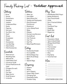 the printable family packing list for toddlers is shown in black and white with red lettering