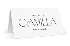 a place card with the name and date for a wedding or special event in black ink