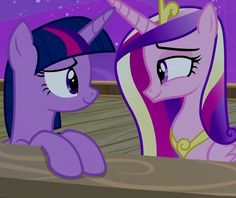 two pinkie ponies standing next to each other in front of a purple sky