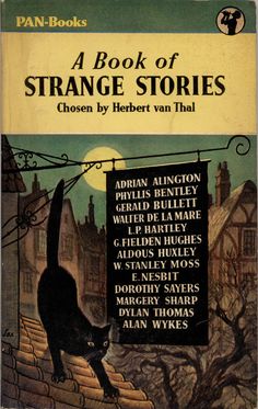 a book with an image of a black cat on it's back and the title, a book of strange stories chosen by robert van thal