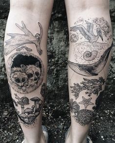 two legs with tattoos on them and one has an image of animals, birds and other things