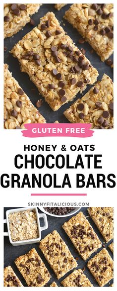 honey and oats granola bars with chocolate chips on top